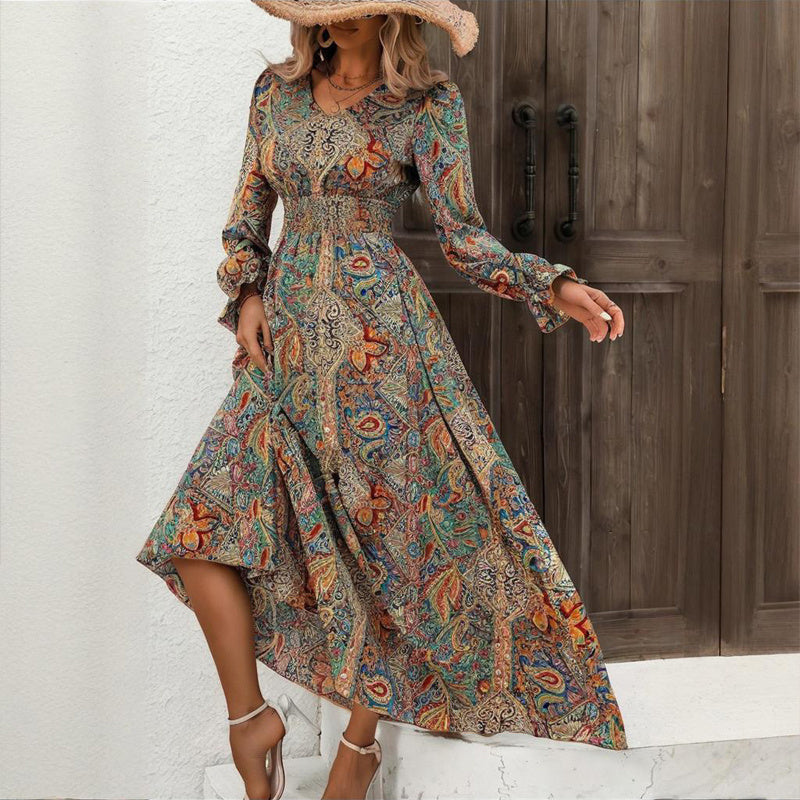 Spring Summer V-Neck Smocked Waist Maxi Dress