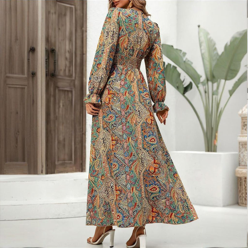 Spring Summer V-Neck Smocked Waist Maxi Dress