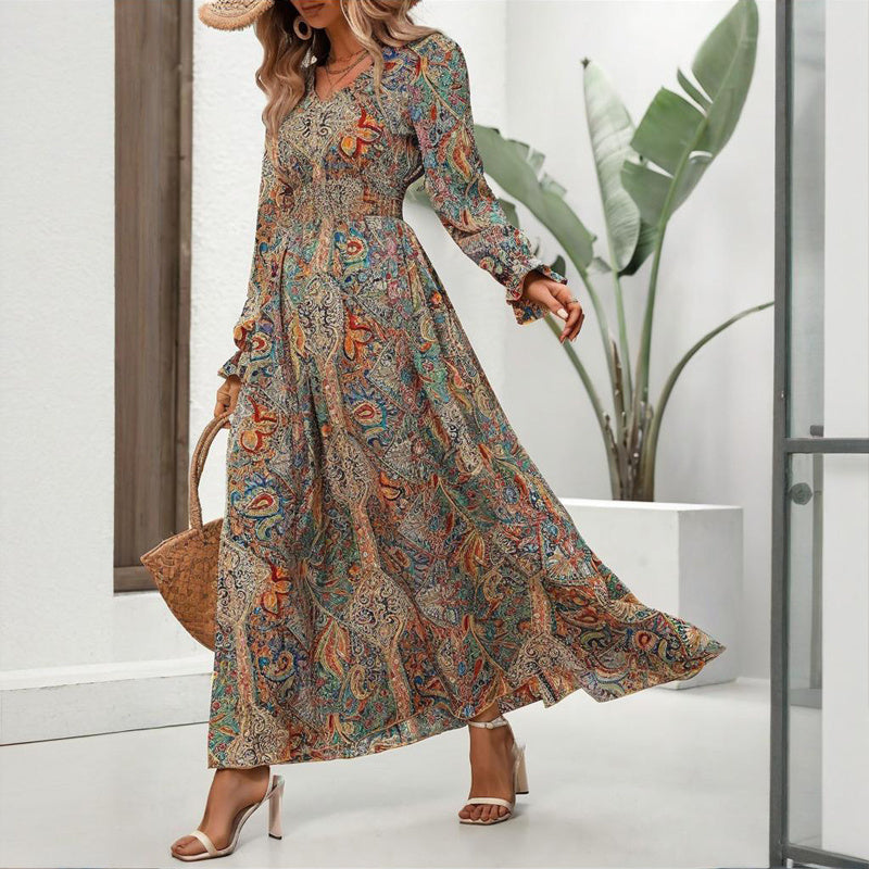 Spring Summer V-Neck Smocked Waist Maxi Dress