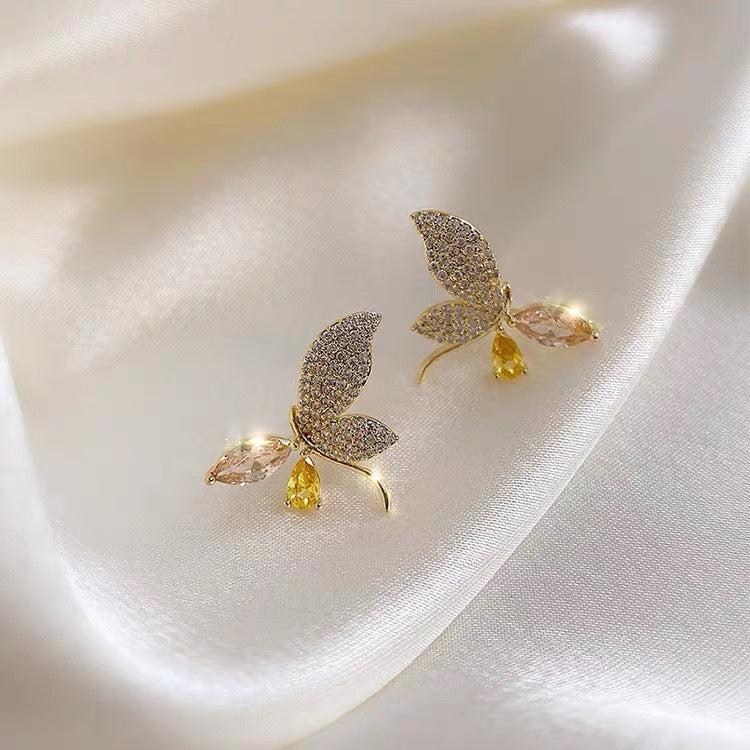 Golden Crystal Butterfly Earrings