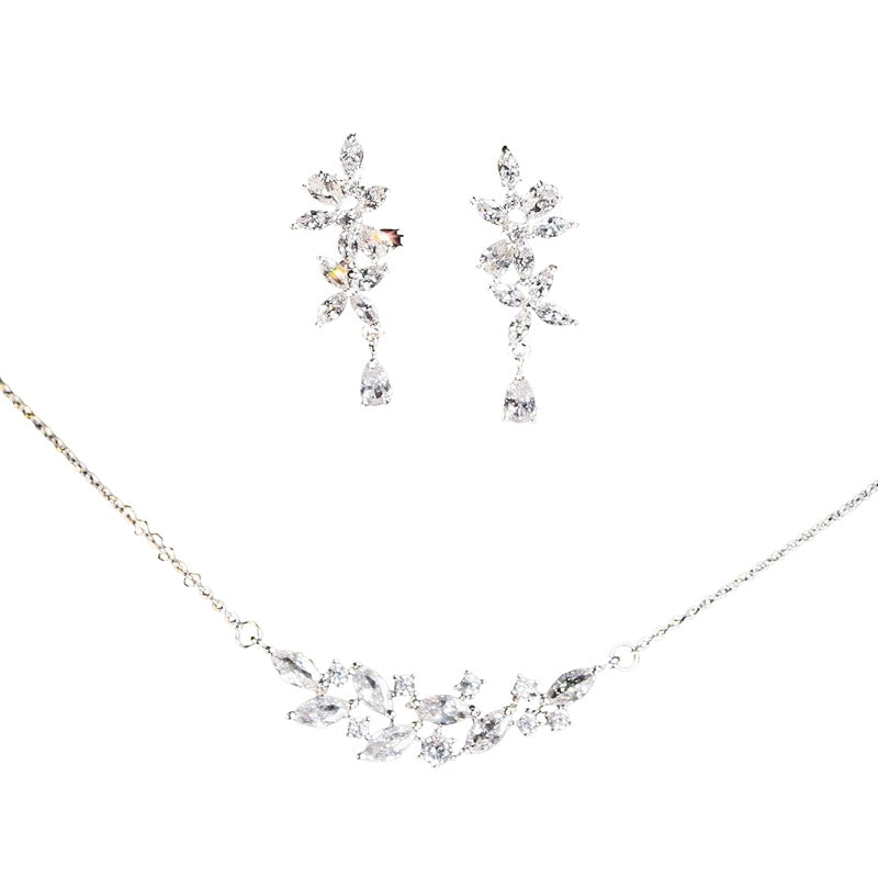 French Zircon Leaf Bridal Necklace & Earrings Set