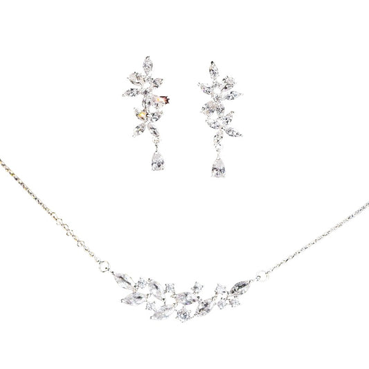 French Zircon Leaf Bridal Necklace & Earrings Set
