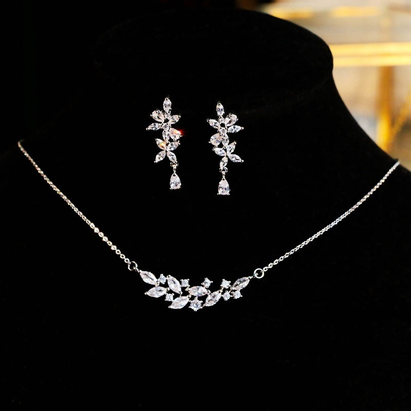 French Zircon Leaf Bridal Necklace & Earrings Set