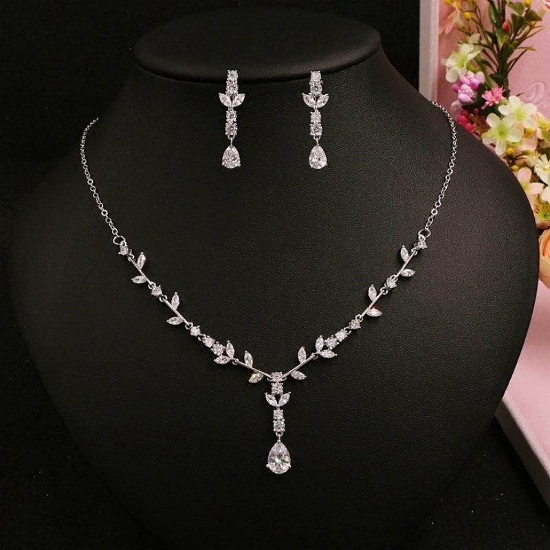 Simple Zircon Bridal Necklace & Earrings Set