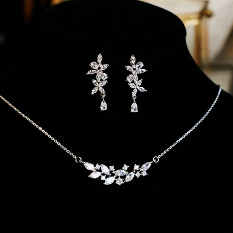French Zircon Leaf Bridal Necklace & Earrings Set