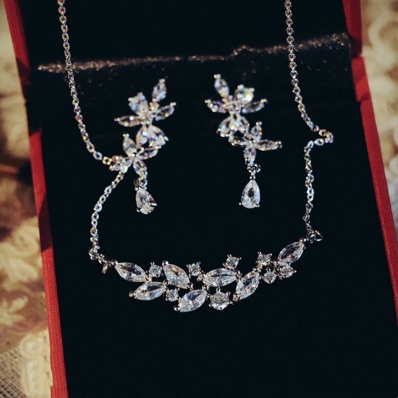 French Zircon Leaf Bridal Necklace & Earrings Set