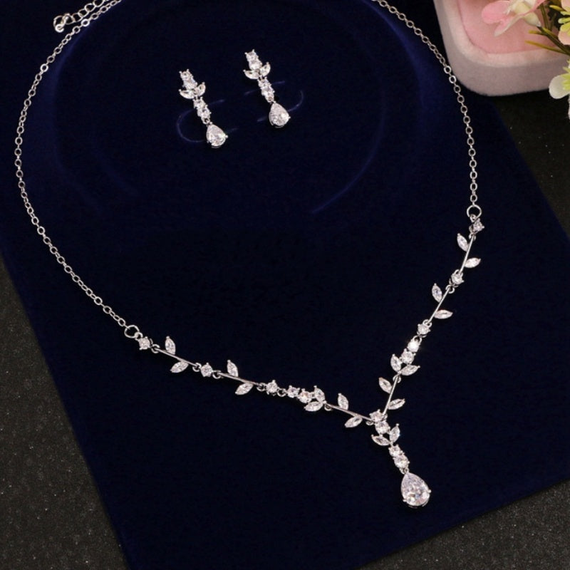 Simple Zircon Bridal Necklace & Earrings Set