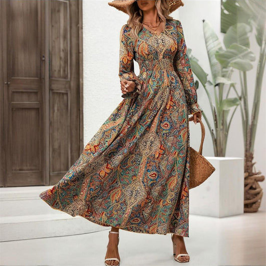 Spring Summer V-Neck Smocked Waist Maxi Dress