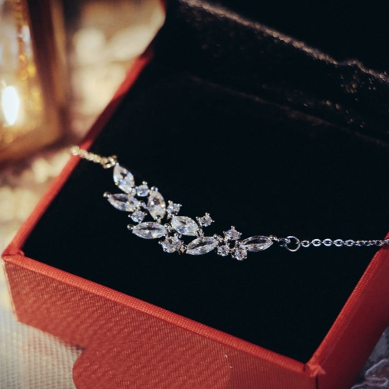 French Zircon Leaf Bridal Necklace & Earrings Set