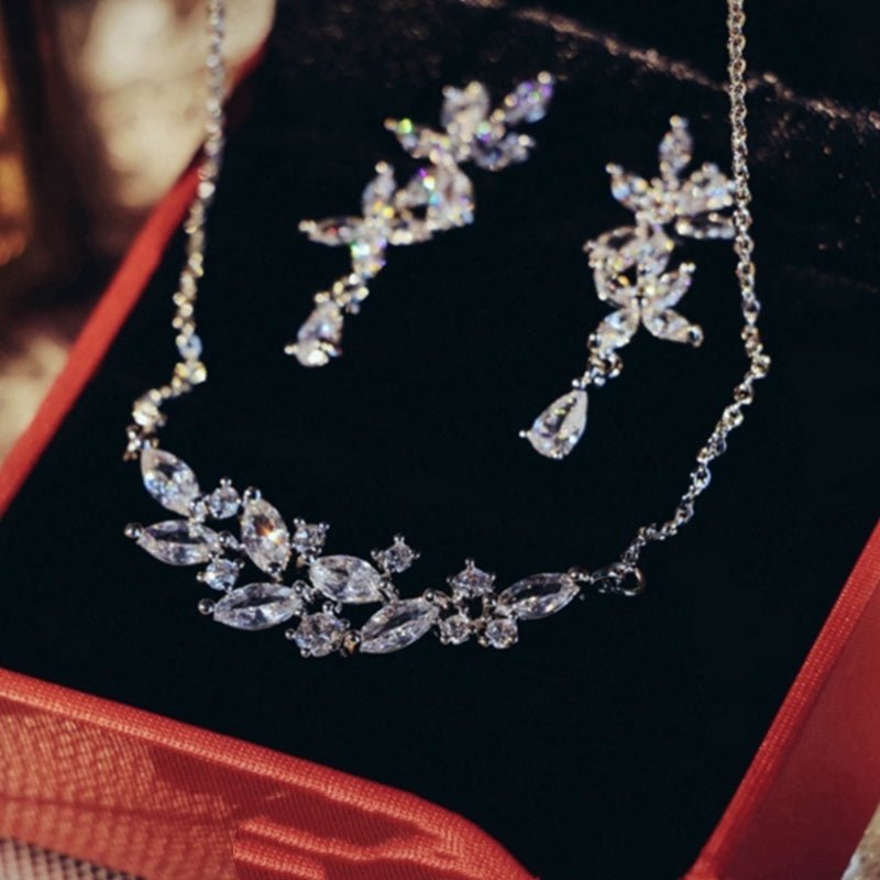 French Zircon Leaf Bridal Necklace & Earrings Set