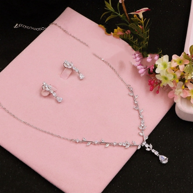 Simple Zircon Bridal Necklace & Earrings Set