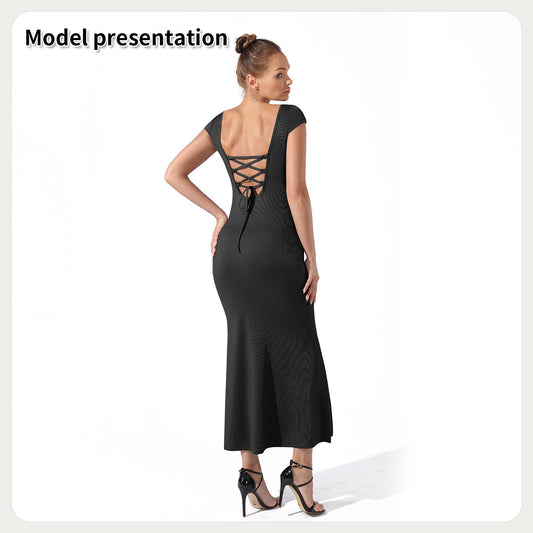 Elegant Slim Fit Ankle-Length Evening Dress – Black Halter Style